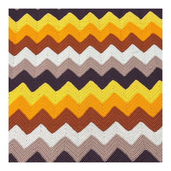 Vintage Chevron Afghan Blanket Crochet Yellow Orange Brown White Zigzag Throw - Picture 2 of 4